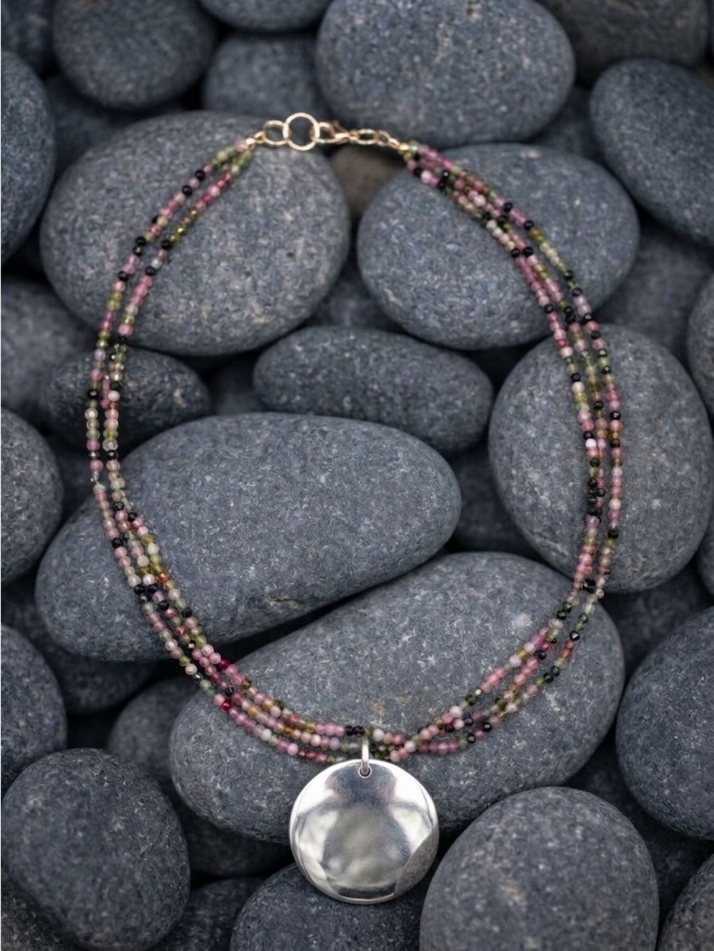 Multi-Color Tourmaline Beaded Necklace with Silver Pendant